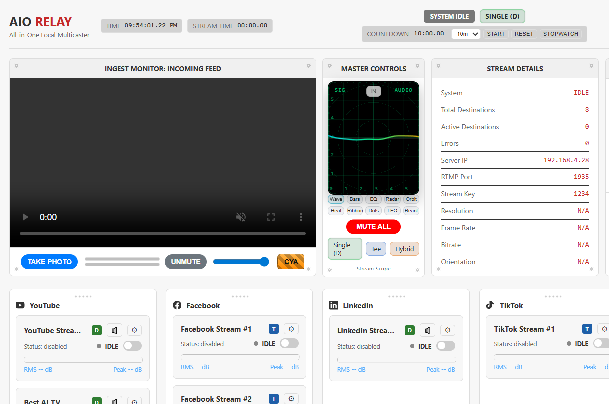 AIO Relay™ app screenshot (player and platform columns)